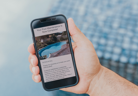 "Your pool maintenance is complete!" notification on phone.